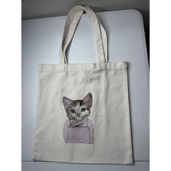 Handbags - Unbranded Cat Kitten in Sweater Canvas Tote Bag Cream Whimsical Cottagecore